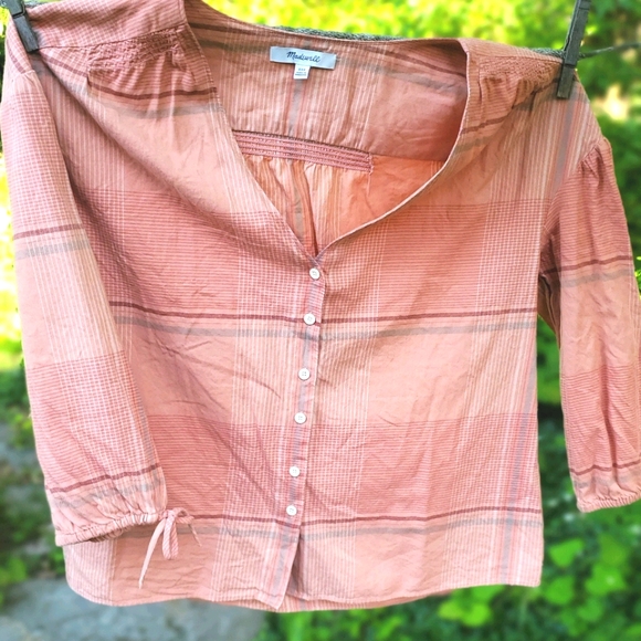 Great Condition Madewell Morningview Tie Sleeve Plaid Top - Picture 1 of 9